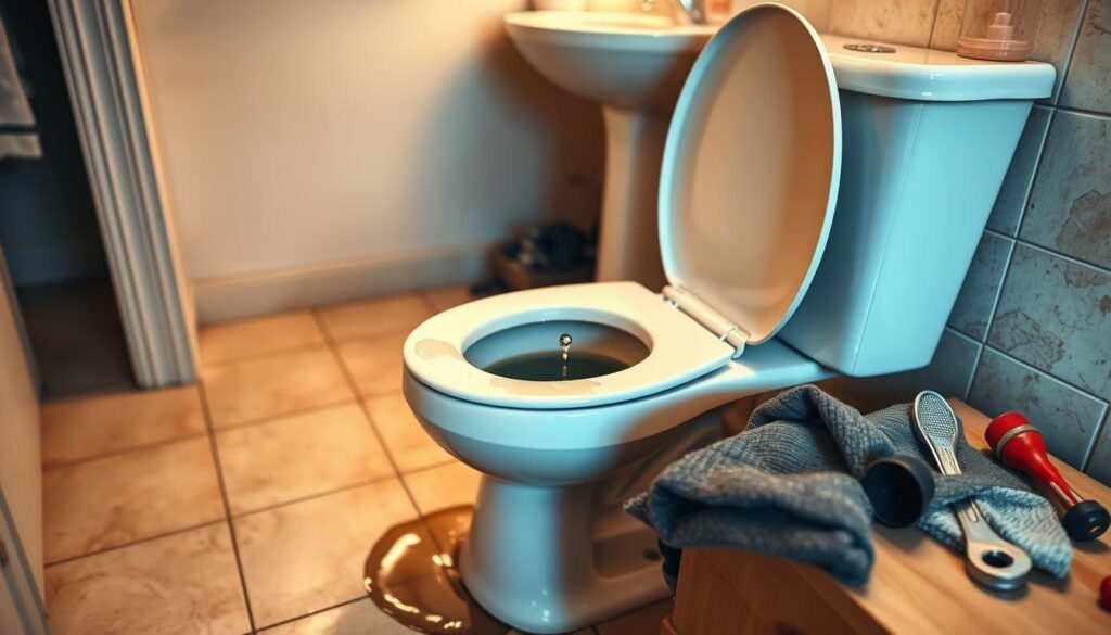 A well-lit bathroom interior, with a close-up view of a running toilet. The toilet is situated on a tiled floor, with a sink and mirror visible in the background. The water is visibly leaking from the tank, creating a small puddle on the floor. Various plumbing tools, such as a wrench, plunger, and rag, are neatly arranged on a nearby counter, hinting at the homeowner's intent to tackle the issue. The lighting is warm and inviting, creating a sense of domestic coziness and the desire to problem-solve. The overall mood is one of a straightforward, hands-on DIY project, ready to be tackled by a homeowner with a basic understanding of plumbing.