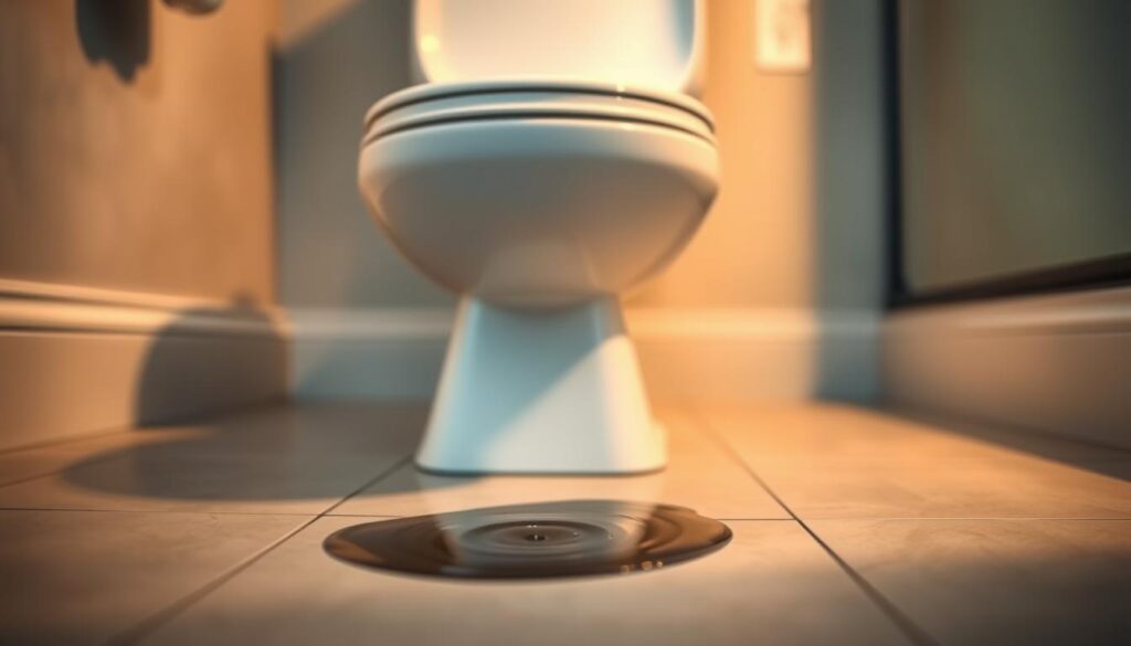 A well-lit bathroom interior, with a close-up view of a toilet and the surrounding floor. In the foreground, a small puddle of water is visible, indicating a toilet leak. The lighting is warm and natural, creating a sense of domestic tranquility. The camera angle is slightly elevated, providing a clear view of the potential problem area. The background is blurred, with muted tones and subtle details that suggest a typical bathroom setting. The overall composition draws the viewer's attention to the toilet and the water leak, highlighting the importance of proper maintenance and early detection in the "Proper Toilet Maintenance" section of the article.