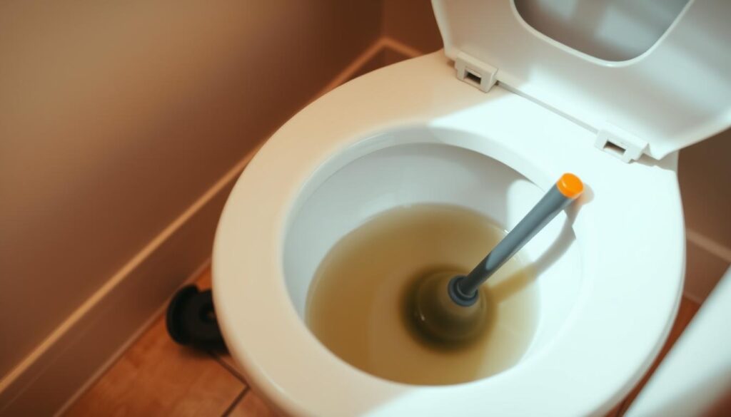 A well-lit bathroom interior with a focused view on a porcelain toilet. The toilet bowl is partially filled with murky water, indicating a clogged drain. A plunger is positioned nearby, ready to be used. The overall scene conveys a sense of a homeowner attempting to resolve a plumbing issue without professional assistance. The lighting is warm and natural, creating a welcoming atmosphere. The camera angle is slightly elevated, providing a clear and unobstructed view of the toilet and the surrounding area.