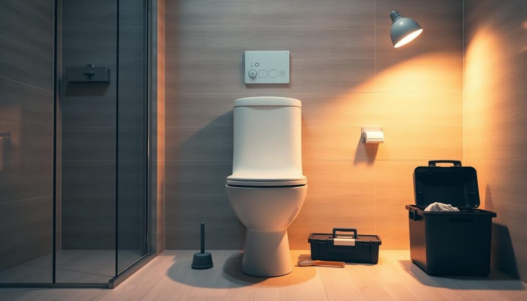 A well-lit bathroom interior with a sleek, modern toilet at the center. The toilet has a simple, clean design, with a white ceramic bowl and tank. A toolbox and plunger sit nearby, suggesting the task of simple toilet repairs. The walls are tiled in a neutral color, and the floor is covered in a light, hardwood-like flooring. Soft, warm lighting from overhead fixtures casts a gentle glow, creating a calm, welcoming atmosphere. The scene conveys a sense of efficiency and practicality, ready to guide the homeowner through the process of basic toilet maintenance and troubleshooting.