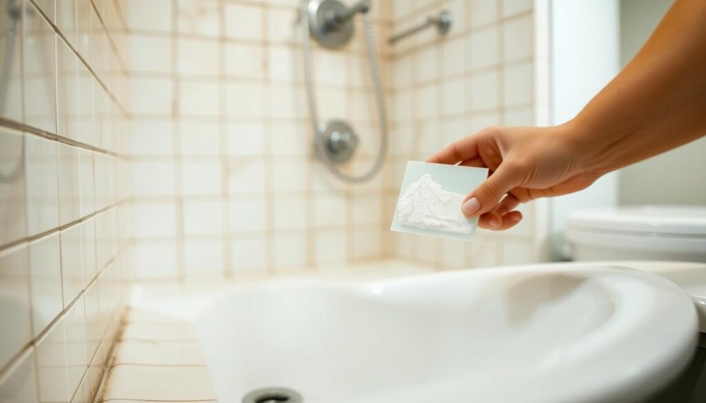 A well-lit bathroom interior with a tiled shower or sink in the foreground. The tiles are discolored and the grout lines are cracked, indicating the need for re-grouting. A person's hands are visible, holding a grout float and applying fresh, bright white grout to the joints. The background is blurred, with hints of fixtures and fittings, creating a sense of depth and focus on the re-grouting task. The overall mood is one of a practical, hands-on home improvement project, with a clean, tidy, and organized workspace.