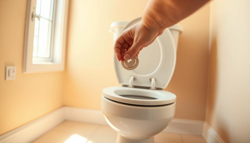 A well-lit bathroom interior, with a toilet in the center. In the foreground, a person's hands carefully manipulating a toilet flapper, examining it closely. The toilet is partially disassembled, with the tank lid removed, revealing the inner workings. Warm, natural lighting from a window illuminates the scene, casting soft shadows. The overall atmosphere conveys a sense of attentive focus and problem-solving, as the person diligently works to replace the old flapper with a new one. The background is clean and uncluttered, allowing the viewer to concentrate on the task at hand.