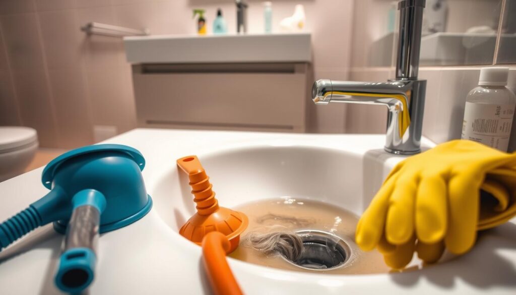 A well-lit bathroom scene with a close-up view of a clogged sink drain. In the foreground, various plumbing tools are neatly arranged, including a plunger, a drain snake, and a pair of rubber gloves. The sink basin is partially filled with murky water, and a few strands of hair are visible in the drain opening. In the middle ground, the bathroom vanity is made of sleek, modern materials, and a set of cleaning products is displayed on the counter. The background features a tiled wall in a neutral color, creating a clean and organized atmosphere. The lighting is bright and even, highlighting the details of the scene and conveying a sense of professionalism and efficiency in dealing with the clogged drain issue.