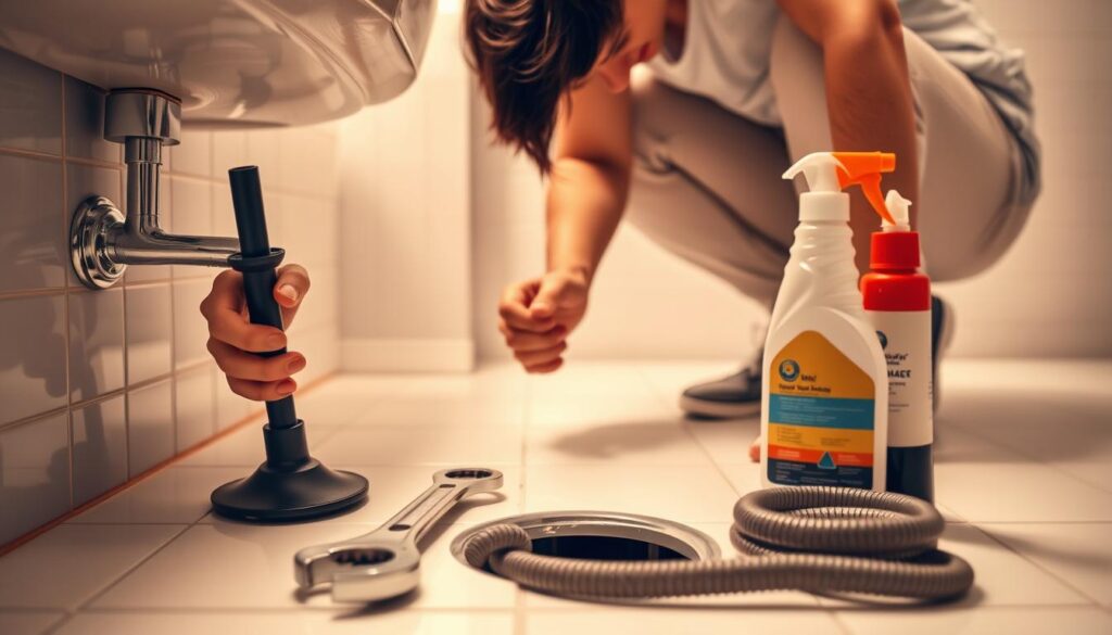 A well-lit bathroom scene with a person crouching down, intently examining a clogged drain. The foreground shows their hands grasping a plunger, ready to unclog the sink. In the middle ground, an array of basic plumbing tools - a wrench, a plumber's snake, and a bottle of drain cleaner - are neatly arranged on the counter. The background depicts clean, modern tile walls and a spotless vanity, creating a sense of order and professionalism. The lighting is warm and soft, conveying a mood of focused problem-solving and successful home maintenance.