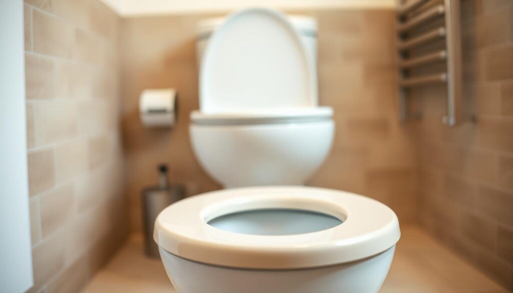 A well-lit bathroom setting, the focus centered on a new toilet seat in the foreground. The seat is a neutral color, perhaps beige or white, with a smooth, sleek design. In the middle ground, the toilet basin and tank are visible, clean and gleaming. The background showcases the bathroom's tiled walls and floor, lending a sense of modernity and cleanliness. Soft, diffused lighting illuminates the scene, creating a warm, inviting atmosphere. The camera angle is slightly elevated, providing a clear, unobstructed view of the replacement process. The overall mood is one of simplicity, order, and a sense of accomplished DIY home improvement.