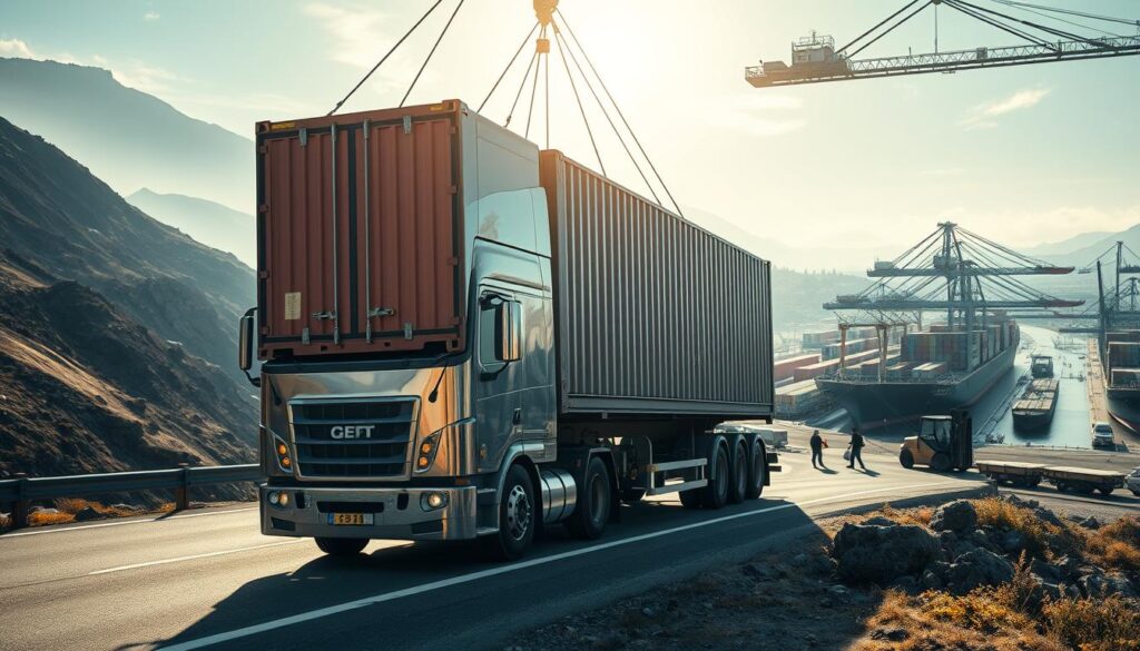 A well-lit, cinematic scene depicting the safe transport of freight. In the foreground, a sturdy cargo truck navigates a winding mountain road, its reflective exterior gleaming under a bright, diffused sky. In the middle ground, a crane carefully hoists a large shipping container onto the truck's trailer, the operator's movements precise and controlled. In the background, a sprawling logistics hub bustles with activity - forklifts, cargo trains, and ships, all working in harmony to ensure the efficient and secure movement of goods. The mood is one of order, precision, and a shared commitment to safety and security throughout the freight transport ecosystem.