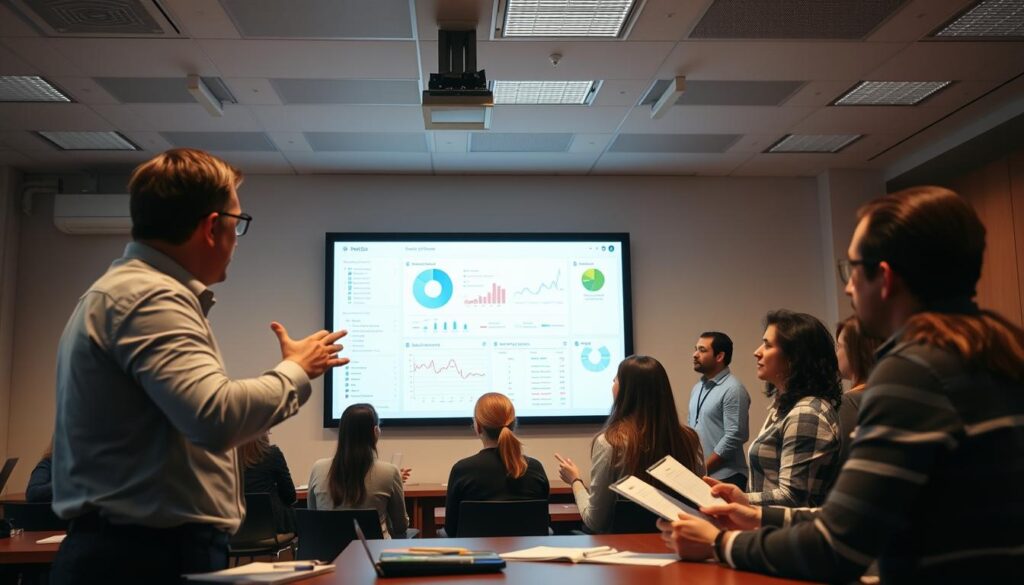 A well-lit classroom setting, with a group of professionals gathered around a large interactive display. In the foreground, a facilitator gestures towards the screen, guiding the team through the intricacies of a comprehensive dashboard. The middle ground showcases various team members engaged, taking notes and exploring the data visualizations. In the background, a sense of focus and collaboration permeates the scene, as the team works together to master the dashboard's capabilities. Soft, directional lighting casts a warm, productive atmosphere, while the camera angle captures the scene from a slightly elevated perspective, emphasizing the sense of collaborative learning.