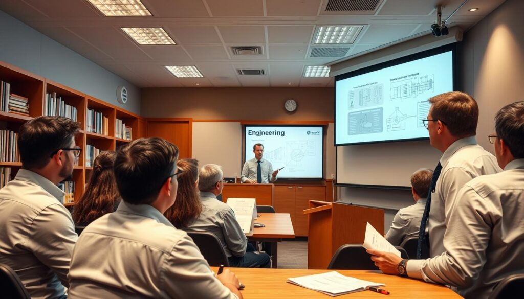 A well-lit classroom setting, with an engineer in a collared shirt and tie standing at a podium, delivering a presentation to a diverse group of fellow engineers. The audience is engaged, taking notes and discussing the material. Shelves of engineering reference books line the walls, while a large projection screen displays diagrams and technical schematics. Soft, diffused lighting casts a warm, professional atmosphere, highlighting the focus and dedication of the lifelong learners. A sense of continuous growth and improvement permeates the scene, reflecting the importance of ongoing education for engineers.