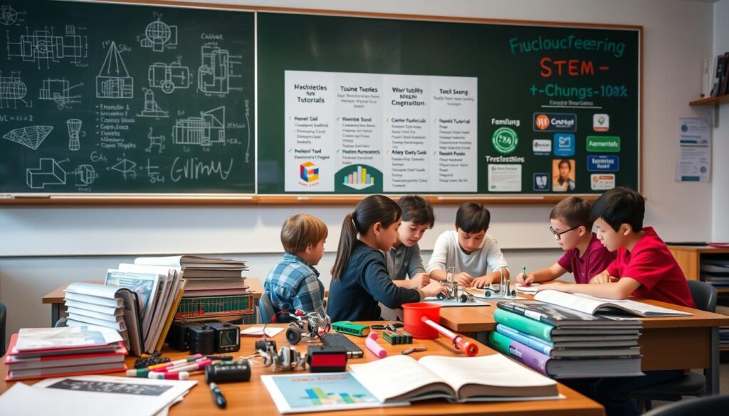 A well-lit classroom with a chalkboard displaying engineering diagrams and formulas. In the foreground, a collection of engineering textbooks, prototypes, and tools arranged neatly on a wooden desk. The middle ground features a group of students engaged in a hands-on project, their faces illuminated by the soft glow of a computer screen. The background showcases a wall-mounted display highlighting various STEM education resources, including online tutorials, virtual simulations, and educational websites. The overall scene conveys a sense of learning, exploration, and the wealth of engineering education materials available to both teachers and students.