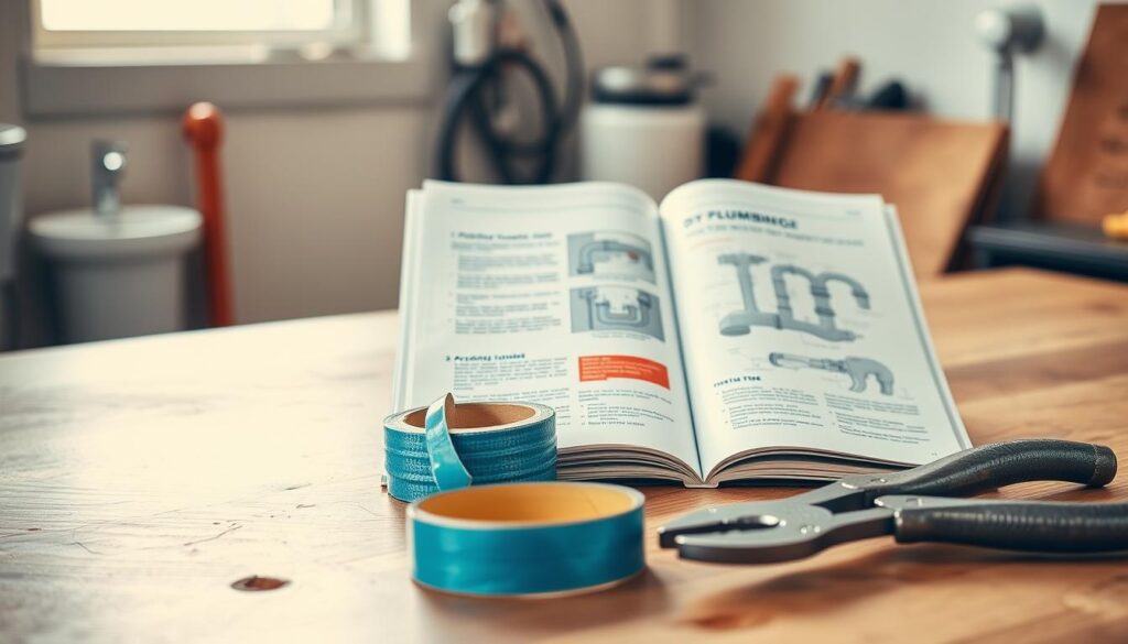 A well-lit, close-up image of a DIY plumbing guide, showcasing essential tools and materials for a homeowner to attempt basic plumbing tasks. The foreground features a pipe wrench, plumber's tape, and a pair of pliers arranged neatly on a wooden surface. The middle ground shows a step-by-step instructional guide, its pages open to reveal detailed diagrams and instructions. The background is softly blurred, suggesting a clean, minimalist workshop or utility room setting, illuminated by warm, natural lighting. The overall mood is informative, practical, and empowering, encouraging homeowners to try simple plumbing fixes before calling a professional.
