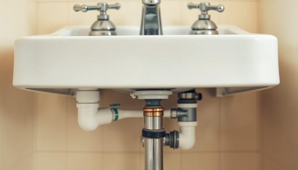 A well-lit, close-up photograph of a bathroom sink, faucet, and plumbing pipes underneath, showcasing simple DIY fixes like tightening a leaky faucet, replacing washers, and unclogging drain pipes. The scene has a warm, inviting atmosphere, with soft natural lighting illuminating the problem areas in need of repair. The focus is on the practical steps a homeowner can take to address common plumbing issues, conveying a sense of empowerment and self-reliance.