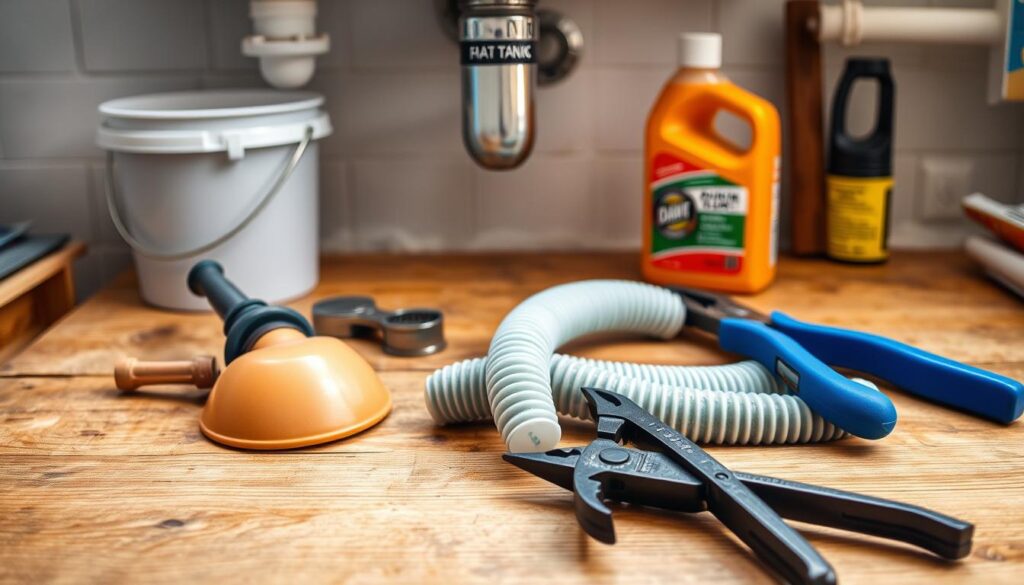 A well-lit, close-up photograph of a set of DIY plumbing tools and materials on a wooden workbench. In the foreground, a plunger, a snake drain cleaner, and a pair of pliers are neatly arranged. In the middle ground, a bucket, a wrench, and a bottle of drain cleaner are visible. The background features a sink or bathtub drain, with the pipes and fittings partially exposed, suggesting the scene of a simple unclogging procedure. The lighting is soft and natural, highlighting the textures and colors of the materials. The overall mood is one of practicality and problem-solving, conveying the sense of a straightforward, beginner-friendly plumbing fix.