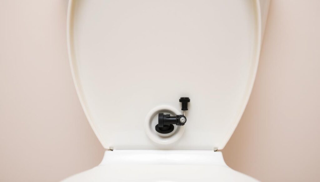 A well-lit, close-up view of a malfunctioning toilet, with the tank lid open, revealing the inner mechanisms. The foreground showcases the flapper, fill valve, and other critical components in vivid detail. The middle ground highlights the tank's clean, porcelain interior, while the background blurs to a soft, neutral palette, drawing the viewer's attention to the task at hand. The overall mood is one of a straightforward, practical approach to a common household issue, with a sense of clarity and focus on the necessary repairs.