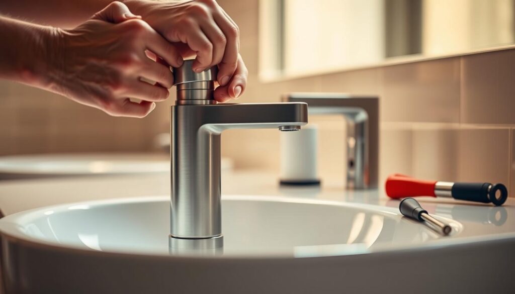 A well-lit, close-up view of a new faucet being installed on a modern bathroom sink. The faucet is made of brushed stainless steel with clean, angular lines. In the foreground, a pair of hands carefully tightening the faucet into place, with various plumbing tools nearby. The background shows the sink basin, countertop, and tiled wall, creating a sense of depth and context. The lighting is warm and natural, creating highlights and shadows that accentuate the textures and details of the faucet and installation process. The overall atmosphere is one of focus, precision, and a sense of accomplishment in completing a successful DIY plumbing repair.