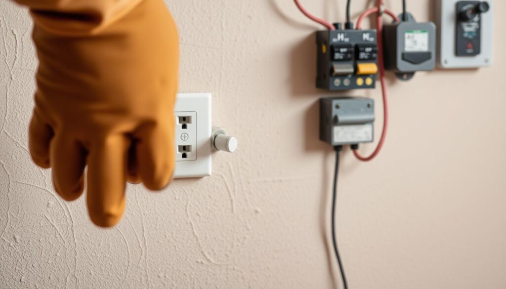 A well-lit, close-up view of an electrician's hand wearing thick rubber gloves, holding a power outlet with the other hand cautiously inspecting it. In the background, a neutral-toned wall showcases electrical wiring and safety equipment like circuit breakers. The scene exudes a sense of caution and attention to detail, emphasizing the importance of taking proper precautions when dealing with electrical hazards in the home. The lighting is soft, directional, and highlights the textures of the materials, creating a sense of depth and realism.