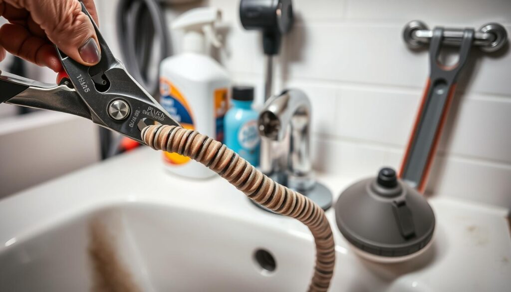A well-lit, close-up view of various plumbing tools and techniques used to effectively remove a stubborn clog from a bathroom sink drain. In the foreground, a pair of sturdy pliers firmly grasping a tightly wound snake-like plumber's snake, poised to unclog the drain. In the middle ground, a bottle of chemical drain cleaner and a plunger stand ready to assist. The background showcases a neatly organized toolbox with additional pipes, wrenches, and other plumbing supplies, conveying a sense of expertise and preparedness. The overall scene exudes a practical, problem-solving atmosphere, suitable for a how-to guide on basic plumbing maintenance.