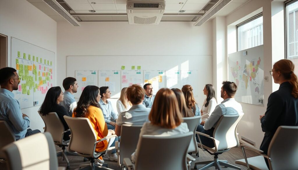 A well-lit conference room, the walls adorned with whiteboards covered in colorful sticky notes and diagrams. At the center, a diverse group of professionals engaged in lively discussion, their body language and facial expressions conveying active participation. The room has a sense of collaboration and problem-solving, with ergonomic chairs and a modern, minimalist design. Soft, natural lighting filters in through large windows, creating a warm and inviting atmosphere. The overall scene reflects the key techniques of effective stakeholder engagement, such as active listening, clear communication, and building consensus.