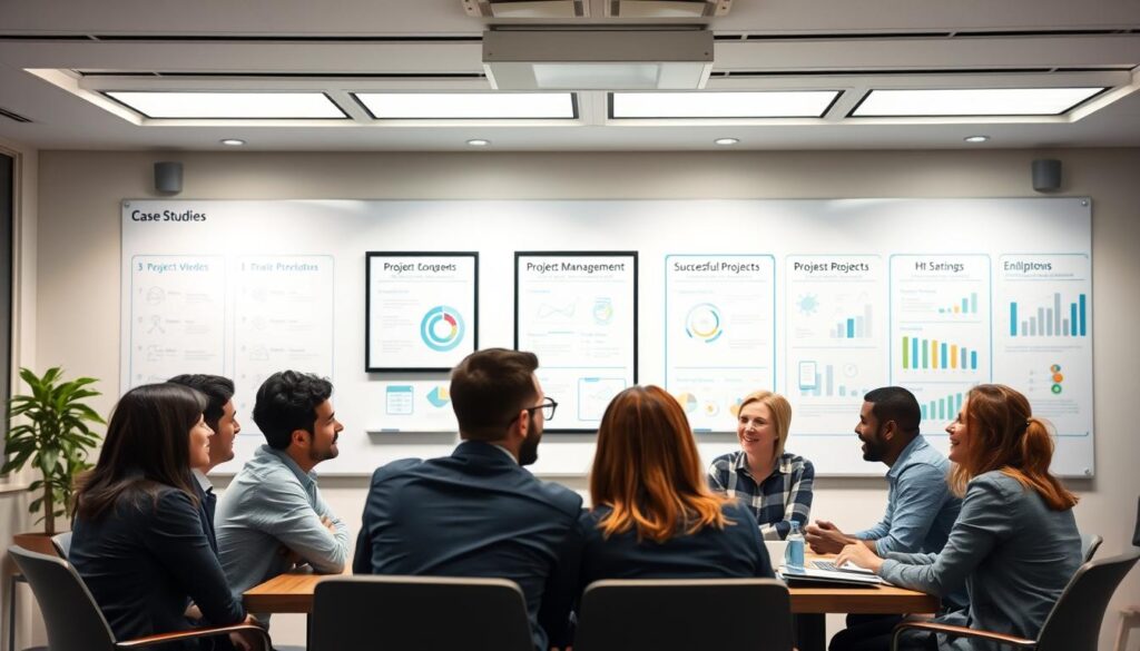 A well-lit conference room with a large whiteboard displaying various project management concepts and success stories. In the foreground, a team of professionals gathered around a table, engaged in a lively discussion, their faces animated with enthusiasm. The middle ground features a series of framed case studies showcasing different successful projects, each with a clear infographic or visual representation. The background is softly blurred, conveying a sense of professionalism and expertise. The overall scene exudes a sense of productivity, collaboration, and a deep understanding of effective project management principles.