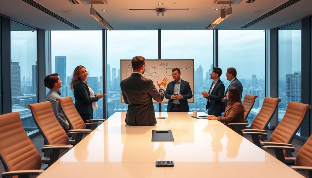 A well-lit conference room with a large whiteboard, engineers in professional attire engaged in a lively discussion, hands gesturing as they explain technical concepts. Ergonomic chairs and a sleek modern table suggest a dedicated space for collaborative problem-solving. Warm lighting from overhead fixtures casts a focused atmosphere, while large windows in the background provide a view of a bustling cityscape, symbolizing the connection between professional development and real-world impact. The scene conveys a sense of intellectual curiosity, teamwork, and the pursuit of engineering excellence.