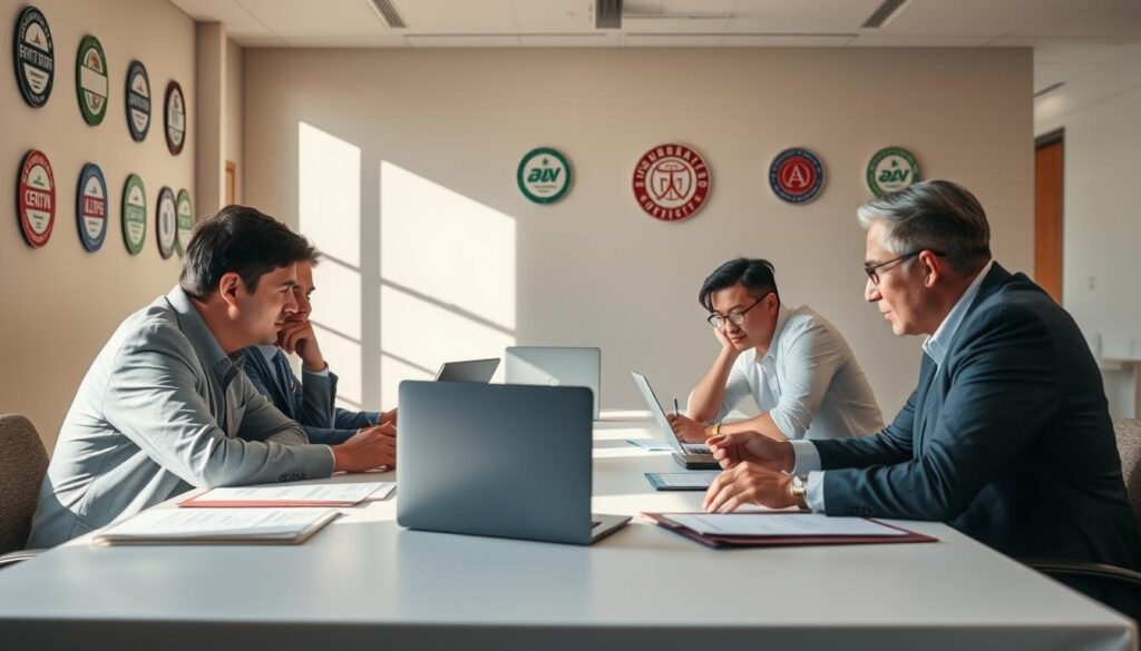 A well-lit conference room, with a panel of experts seated around a long table, engaged in a thoughtful discussion. The walls are adorned with certifications and accreditation logos, conveying a sense of professionalism and credibility. Laptops, documents, and notepads cover the table, indicating a thorough review process. Soft, natural lighting filters in through large windows, creating a warm and inviting atmosphere. The panel members are leaning in, their expressions focused, as they critically examine the materials before them, ensuring the highest standards are met. This scene captures the essence of the accreditation review process, where experts meticulously evaluate an institution's programs to uphold academic excellence.