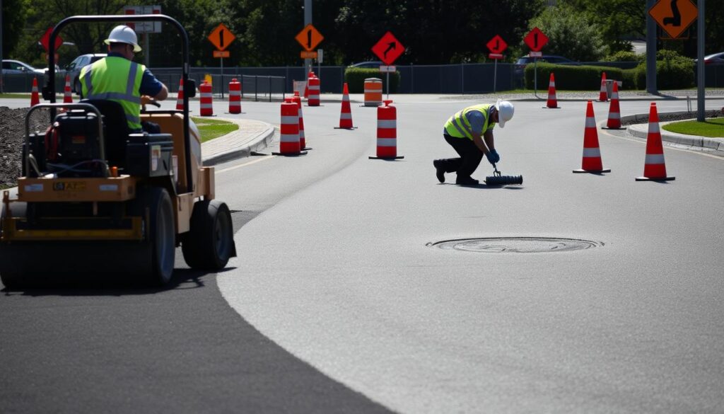 A well-lit construction site on a sunny day, with workers diligently maintaining the asphalt road. In the foreground, a worker operates a paving machine, smoothing the surface. In the middle ground, another worker patches potholes using a specialized tool. In the background, traffic cones and signage guide vehicles around the work area. The scene conveys a sense of organized efficiency, with the workers' attention to detail and the use of specialized equipment indicating the importance of proper road maintenance.