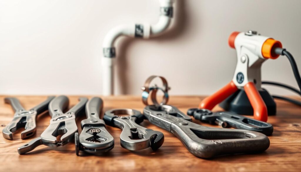 A well-lit, crisp photograph of a plumber's workbench showcasing essential tools and materials for basic pipe repairs. The foreground features a collection of pliers, wrenches, and a pipe cutter, neatly arranged on a wooden surface. In the middle ground, a section of PVC pipe, clamps, and a soldering torch demonstrate the steps for mending leaks and replacing damaged sections. The background subtly blurs into a clean, neutral-toned wall, maintaining the focus on the plumbing repair items. The overall atmosphere conveys a sense of practical expertise and DIY confidence.