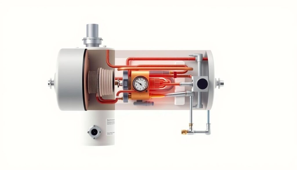 A well-lit, cutaway diagram of a residential water heater, displaying its internal components and controls. The foreground showcases the tank, heating element, thermostat, and pressure relief valve, highlighting the key areas for troubleshooting. The middle ground reveals the plumbing connections, including the cold water inlet, hot water outlet, and drain valve. The background features a neutral, off-white color scheme, allowing the technical details to take center stage. The image conveys a sense of precision and clarity, guiding the viewer through the fundamental steps of water heater troubleshooting.