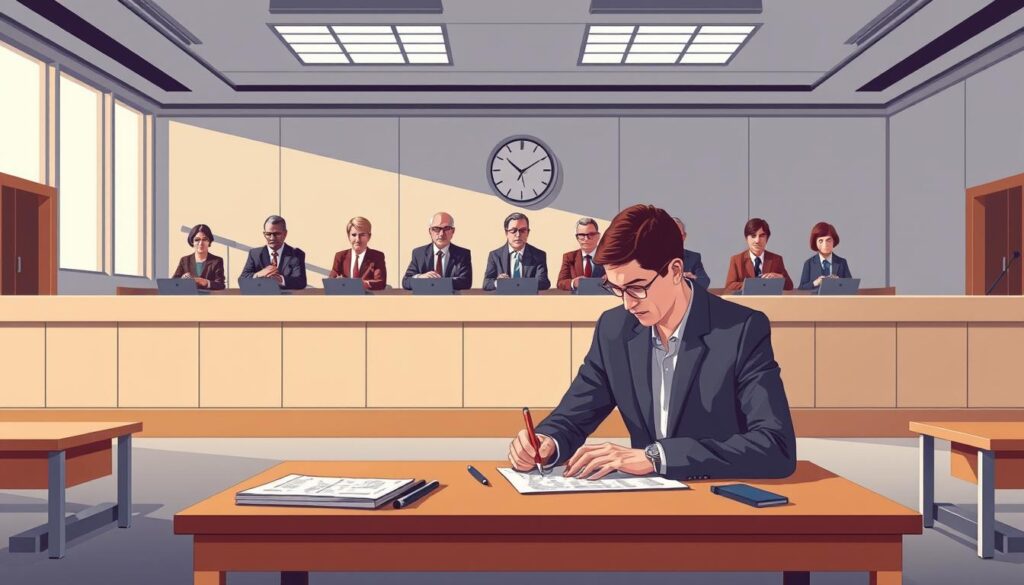 A well-lit, detailed illustration depicting the licensing examination process for civil engineers. In the foreground, an examinee sits at a desk, focused on their exam papers, surrounded by neatly arranged stationery. The middle ground features a panel of distinguished civil engineering professionals overseeing the examination, creating an atmosphere of professionalism and rigor. The background showcases the interior of a modern examination hall, with clean lines, subdued colors, and an overall sense of order and structure, reflecting the technical and meticulous nature of the civil engineering field.