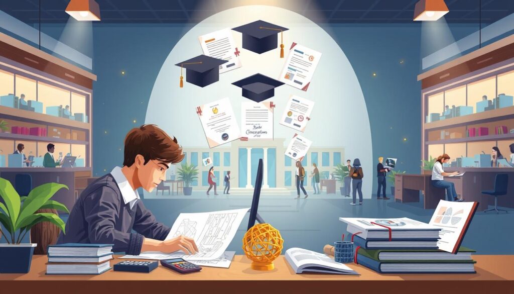 A well-lit, detailed illustration showcasing the educational journey and qualifications for high-paying engineering jobs. In the foreground, a student diligently works on a computer-aided design (CAD) project, surrounded by engineering textbooks, calculator, and a 3D-printed model. The middle ground features a graduation cap, diploma, and professional engineering certifications, signifying the successful completion of educational milestones. The background depicts a modern university campus with laboratories, lecture halls, and engineering students collaborating on projects. The scene conveys a sense of academic rigor, technical expertise, and the path to securing rewarding engineering careers.