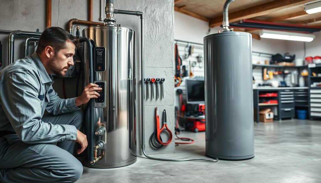 A well-lit, detailed image of a residential water heater undergoing routine maintenance. The foreground shows a technician in a clean uniform crouched next to the heater, examining the controls and connections with a focused expression. The middle ground depicts the water heater itself, its metal casing polished and gleaming, set against a backdrop of neatly organized plumbing tools and supplies. The background features a spacious, organized utility room or basement, with clean concrete floors, bright overhead lighting, and a sense of orderliness. The overall mood is one of professionalism, care, and attention to detail - conveying the expertise required to properly maintain a water heater for reliable home use.