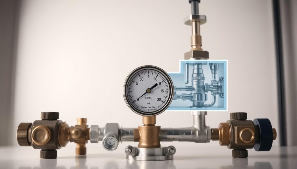 A well-lit, detailed image of a water pressure management system. A central pressure gauge is prominently displayed, surrounded by various valves, pipes, and fittings in the foreground. The middle ground showcases a cutaway view of the internal components, revealing the intricate mechanisms that regulate water flow and pressure. In the background, a clean, minimalist environment with neutral tones provides a clean, technical backdrop. The overall composition conveys a sense of precision, control, and the importance of proper water pressure management for household plumbing systems.