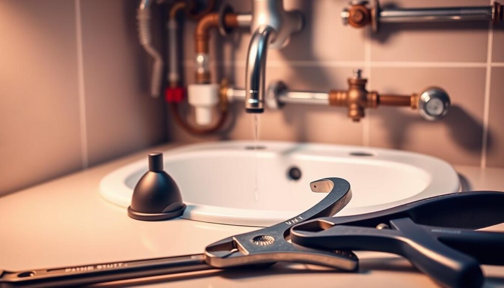A well-lit, detailed image showcasing various plumbing maintenance tips. In the foreground, a set of plumbing tools - adjustable wrench, plunger, pliers, and a basin wrench - arranged neatly on a clean workbench. In the middle ground, a sink with a dripping faucet, highlighting the need for regular faucet maintenance. The background features a wall-mounted pipe system, with various valves and connections, suggesting the importance of monitoring the overall plumbing network. The lighting is soft and warm, creating a helpful, instructional atmosphere. The overall composition conveys a sense of professionalism and attention to detail, reflecting the expertise required for effective plumbing maintenance.