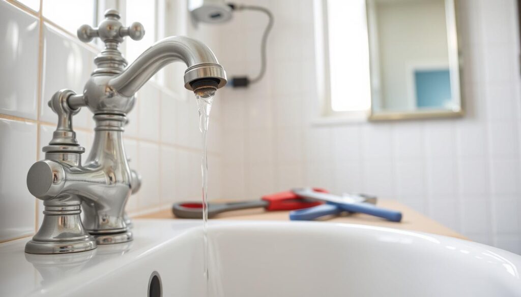 A well-lit, detailed interior scene of a home bathroom. In the foreground, a faucet with a dripping stream of water emerges from a porcelain sink. The faucet has a chrome finish and a classic design. In the middle ground, a set of plumbing tools, including a wrench, pliers, and a basin wrench, are neatly arranged on a countertop next to the sink. The background features white tile walls, a mirror, and a window letting in natural light. The overall atmosphere is one of a practical, straightforward home repair, with a focus on the tools and steps needed to fix the leaky faucet.