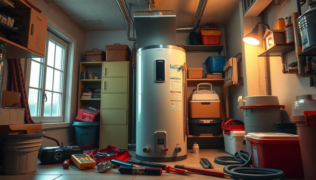 A well-lit, detailed interior scene of a residential home's basement or utility room, featuring a centrally-placed water heater with its access panel open. The water heater should be the focal point, surrounded by various plumbing tools and equipment such as wrenches, pliers, a trouble-shooting multimeter, and a water pressure gauge. The background should include shelving units, storage boxes, and other household items typical of a home's utility area. The lighting should be a combination of natural daylight from a window and warm, focused task lighting illuminating the water heater. The overall atmosphere should convey a sense of problem-solving and hands-on DIY repair work.