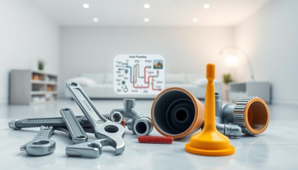 A well-lit, detailed plumbing guide with a clean, professional aesthetic. In the foreground, a set of plumbing tools and materials - wrenches, pipes, fittings, and a plunger. In the middle ground, a labeled diagram of a common household plumbing system, highlighting key components. The background depicts a serene, minimalist interior with soft lighting, suggesting a calm, informative atmosphere conducive to learning and planning future projects. The overall composition conveys a sense of expertise, organization, and practicality, guiding the viewer through the intricacies of home plumbing maintenance.