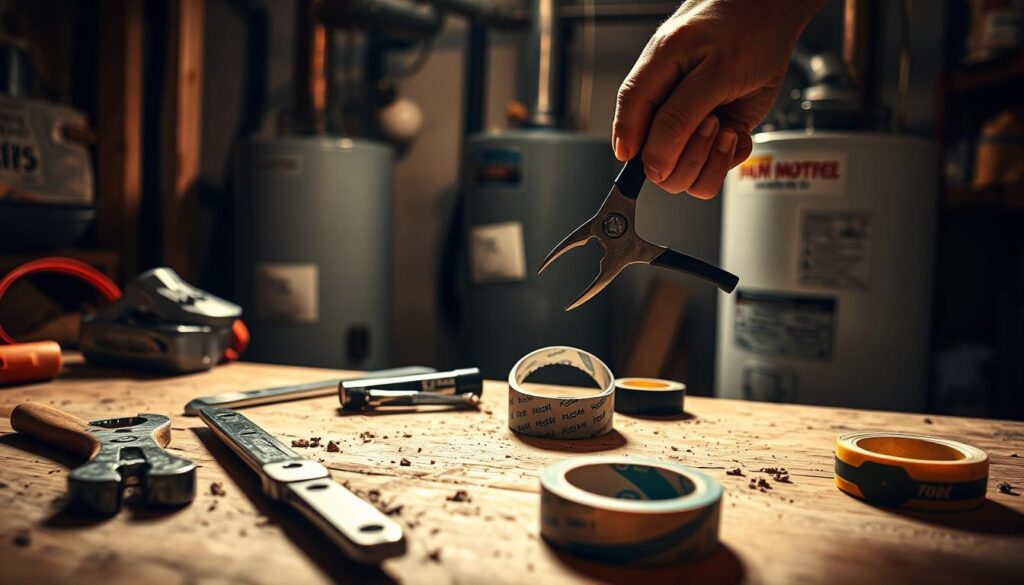 A well-lit, detailed scene depicting basic pipe repairs. In the foreground, a pair of hands deftly using pliers to tighten a pipe joint. The middle ground showcases various plumbing tools, including a wrench, a hacksaw, and a roll of duct tape. In the background, a dimly lit utility room with exposed pipes and a water heater. The lighting is warm and natural, casting subtle shadows that highlight the textures of the materials. The overall atmosphere conveys a sense of focused problem-solving and practical home maintenance.