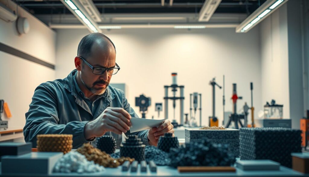 A well-lit, detailed scene depicting the material selection process. In the foreground, an engineer examines a variety of material samples, closely inspecting their properties and characteristics. In the middle ground, various testing equipment and tools are arranged, showcasing the analytical techniques used to evaluate the materials. The background features a sleek, modern laboratory setting with clean white walls and minimalist decor, creating a professional and innovative atmosphere. Warm, directional lighting highlights the engineer's focused expression and the intricate textures of the materials, conveying the importance and precision of the selection process. The overall composition emphasizes the methodical, analytical nature of material engineering.