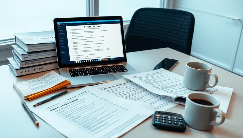 A well-lit, detailed scene of a desk with a laptop, textbooks, and exam papers, representing the preparation for a civil engineering certification exam. The laptop screen displays practice questions, and the textbooks cover technical topics like structural analysis, materials science, and engineering design. Scattered around the desk are pencils, a calculator, and a mug of coffee, conveying a focused, studious atmosphere. The background is a serene, minimalist office setting, emphasizing the importance of this exam and the student's dedication to their professional development.
