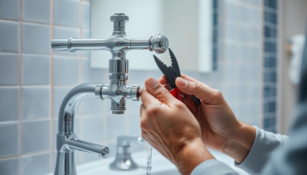 A well-lit, detailed scene of a person repairing a leaky faucet. The person's hands are visible, working on the faucet mechanism with a wrench and pliers. The faucet is set against a tiled bathroom backdrop, with a vanity and mirror in the middle ground. The lighting is bright and even, highlighting the chrome and metal finishes of the faucet and tools. The overall mood is one of focused, hands-on problem-solving, with a sense of accomplishment upon completing the repair. The image conveys the practical, technical steps involved in fixing a common household plumbing issue.