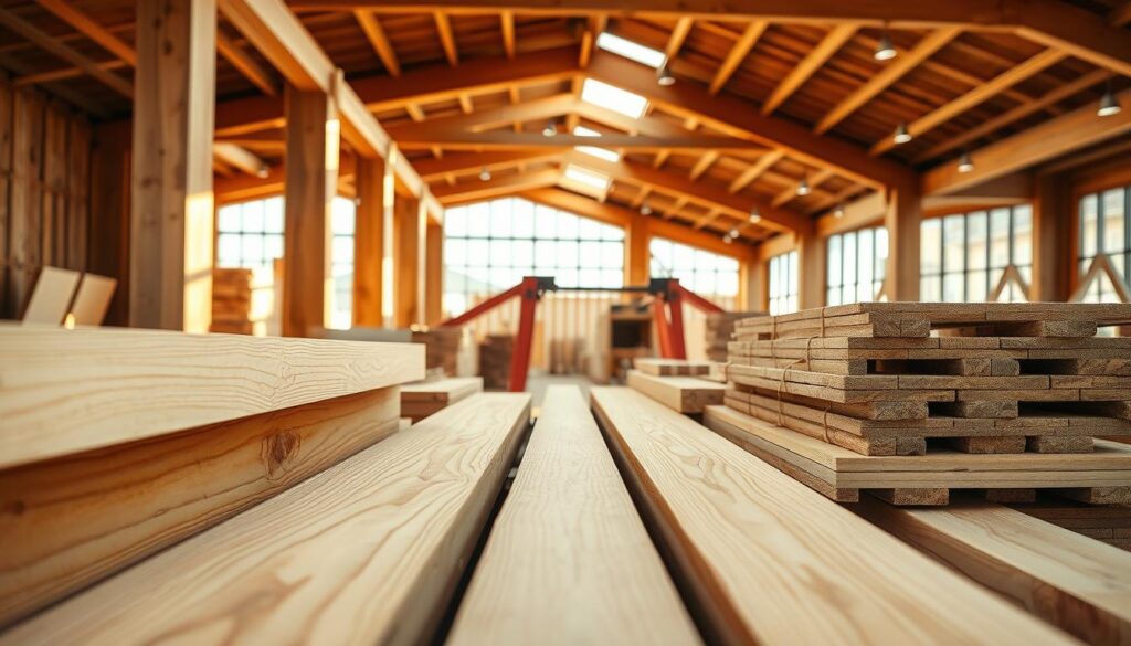 A well-lit, detailed scene showcasing a variety of sustainable wood products suitable for low-carbon infrastructure projects. In the foreground, smooth wooden beams and panels with natural grain patterns, highlighting their strength and durability. In the middle ground, innovative wooden construction materials like cross-laminated timber and engineered wood composites. The background features a minimalist, modern architectural setting, suggesting how these materials could be used in energy-efficient, low-emission buildings. Warm, natural lighting casts a soft glow, emphasizing the organic beauty and environmental benefits of these sustainable wood solutions.