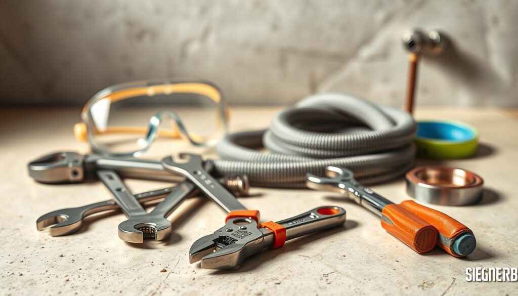 A well-lit, detailed still life composition depicting an assortment of essential plumbing tools for beginners. In the foreground, a set of adjustable wrenches, pliers, and a basin wrench are arranged neatly on a neutral-colored surface. In the middle ground, a plumber's snake, a pair of safety goggles, and a roll of Teflon tape are visible. The background features a blurred, clean backdrop, creating a sense of focus on the tools. The lighting is soft and natural, casting subtle shadows that accentuate the textures and forms of the various instruments. The overall scene conveys a sense of organization, functionality, and accessibility, reflecting the needs of a beginner plumber.