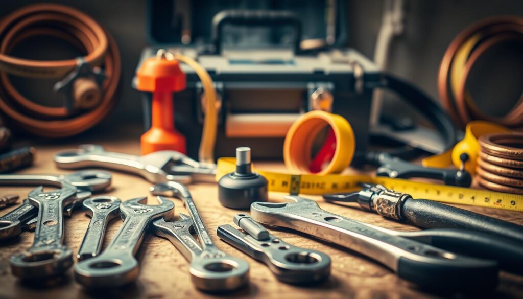 A well-lit, detailed still life composition showcasing an assortment of essential DIY plumbing tools. In the foreground, a collection of wrenches, pliers, and a basin wrench are neatly arranged on a wooden workbench. The middle ground features a handheld plunger, a tape measure, and a pipe cutter, all cast in warm, natural lighting. In the background, a toolbox and a coil of copper piping add depth and context to the scene. The overall mood is one of practicality and professionalism, inviting the viewer to imagine themselves tackling a DIY plumbing project with these reliable, high-quality tools.