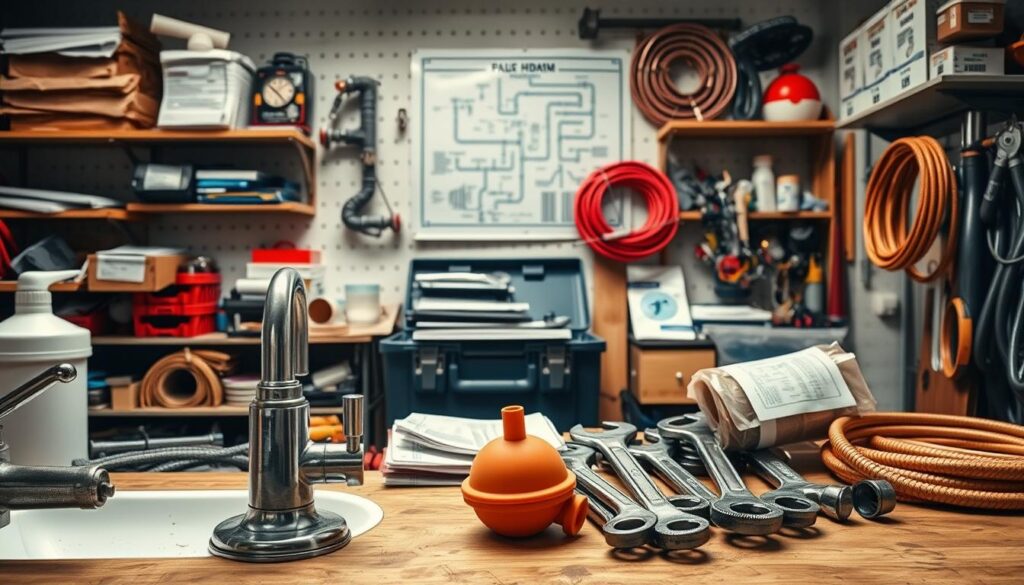 A well-lit, detailed workshop scene showcasing a variety of DIY plumbing tools and materials. In the foreground, a faucet, plunger, and a set of wrenches are neatly arranged on a workbench. The middle ground features a toolbox, a stack of plumbing manuals, and a coil of copper pipes. In the background, shelves holding spare parts and a wall-mounted plumbing diagram create a sense of a functional, organized space dedicated to home maintenance. The overall mood is one of practicality and self-reliance, encouraging the viewer to tackle basic plumbing tasks with confidence.