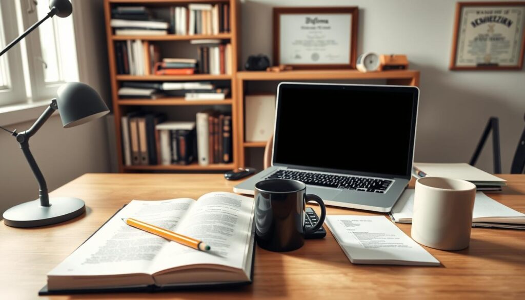 A well-lit, high-angle perspective of a desk set up for FE exam preparation, with a laptop, an open textbook, a pencil, a calculator, and a coffee mug. The scene has a focused, productive atmosphere, with soft, directional lighting that casts subtle shadows, creating depth and emphasizing the tools of the trade. In the background, a bookshelf filled with engineering references and a framed diploma on the wall suggest a dedicated, studious environment. The overall composition conveys a sense of organization, diligence, and a determination to succeed on the FE exam.