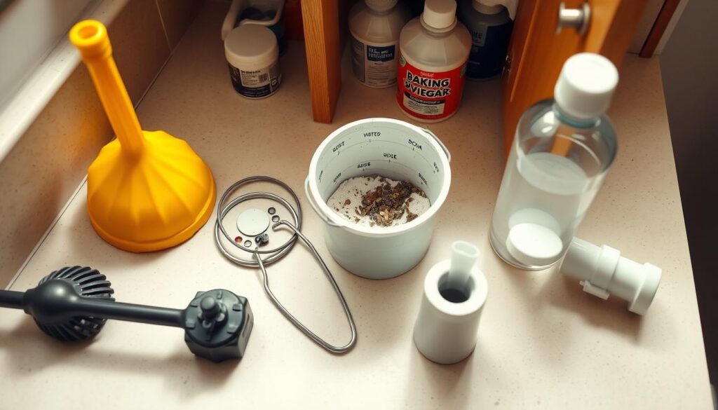 A well-lit, high-angle photograph of a bathroom countertop showcasing various DIY drain unclogging tools and methods. In the foreground, a plunger, a wire coat hanger, and a small bucket filled with baking soda and vinegar. In the middle ground, a disassembled P-trap pipe revealing the clogged debris. The background features an open cabinet door with additional plumbing supplies. The lighting is natural and diffused, creating soft shadows and highlights that accentuate the textures of the materials. The overall scene conveys a sense of problem-solving and resourcefulness, presenting effective alternatives to harsh chemical drain cleaners.