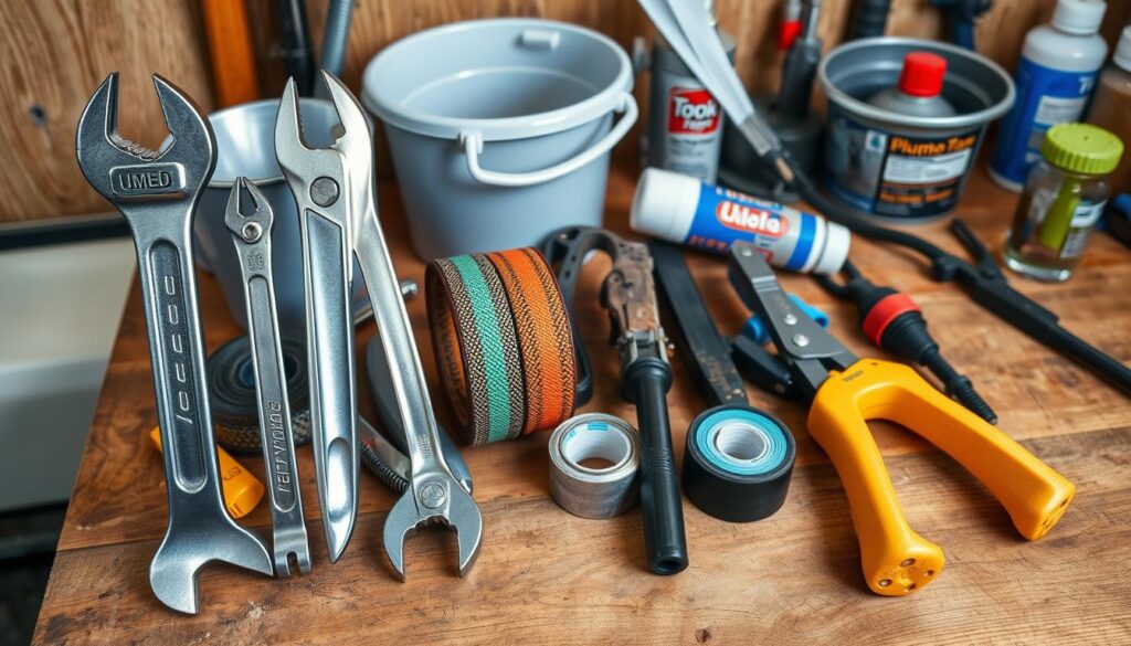 A well-lit, high-angle photograph of an assortment of essential plumbing tools arranged neatly on a wooden workbench. In the foreground, a wrench, pliers, and a basin wrench stand upright, their metal surfaces gleaming. In the middle ground, a plumber's snake, a hacksaw, and a soldering iron sit alongside a roll of plumber's tape. In the background, a bucket, a trowel, and a bottle of pipe sealant create a sense of depth and completeness. The tools are presented in a clean, organized manner, conveying a sense of professionalism and practicality for a beginner plumber attempting basic home repairs.