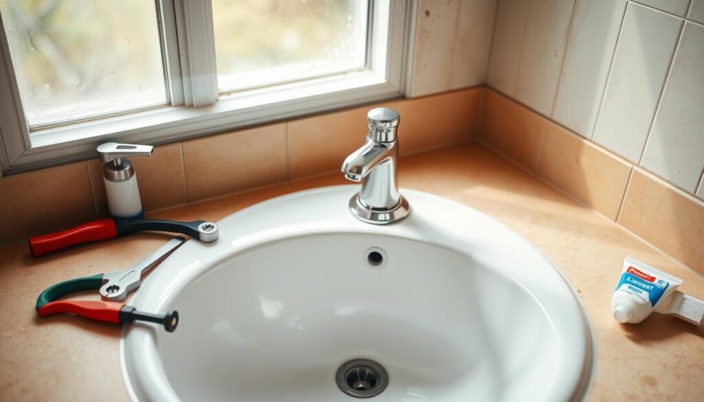A well-lit, high-angle shot of a DIY faucet installation in progress. The sink basin and countertop take up the foreground, showcasing a chrome faucet being carefully fitted into the countertop hole. Nearby, a set of plumbing tools, a basin wrench, and a tube of plumber's putty provide a sense of the technical expertise required. The background features a tiled bathroom wall, with natural light streaming in from a window, creating a warm, inviting atmosphere. The overall composition conveys a sense of a straightforward, step-by-step process that a beginner plumber could confidently undertake.