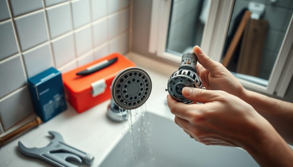 A well-lit, high-angle view of a bathroom counter, showcasing a plumber's toolbox, a basin wrench, and a broken showerhead. In the foreground, a pair of hands carefully disassembling the showerhead, exposing the inner workings. The background features a tiled wall and a mirror, creating a sense of depth and context. The lighting is soft and natural, accentuating the details of the plumbing components. The mood is one of focused problem-solving, with a subtle sense of tension as the homeowner attempts to address the low water pressure issue.