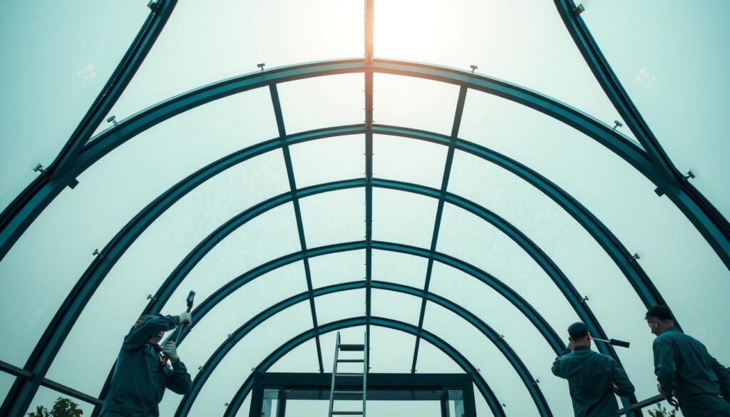 A well-lit, high-angle view of a glass canopy's exterior, showcasing a team of skilled technicians performing routine maintenance. The foreground features workers carefully cleaning the glass panels with specialized tools, ensuring optimal transparency. The middle ground depicts the canopy's intricate steel frame, its sleek lines and curves adding architectural interest. In the background, the sky is a soft, hazy blue, creating a serene, professional atmosphere. The scene conveys a sense of diligence and attention to detail, reflecting the importance of proper maintenance for the longevity and aesthetic appeal of a glass canopy.