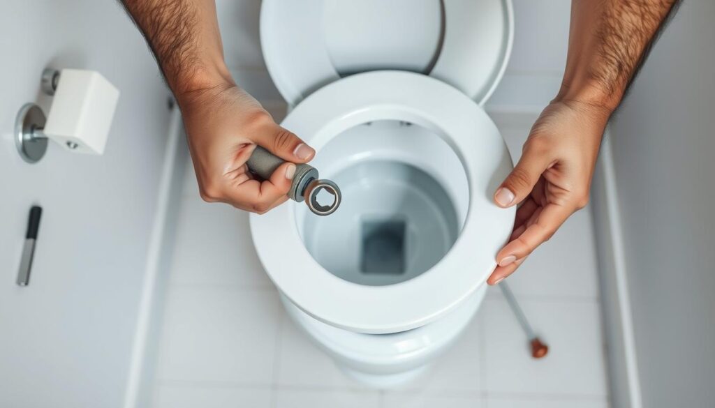 A well-lit, high-angle view of a person's hands carefully removing an old, discolored toilet seat and installing a brand new, pristine white replacement. The foreground shows the hands gripping the seat, with tools like a wrench and screwdriver visible. The middle ground depicts the toilet bowl, tank, and surrounding bathroom fixtures in soft focus. The background is a clean, tidy bathroom with minimalist decor, conveying a sense of order and ease in completing this basic plumbing task. The overall mood is one of helpful instruction, with a focus on the straightforward process of upgrading a worn-out toilet seat.